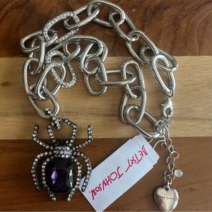 Betsey Johnson Chunky Silver Tone Necklace Spider Pendant Purple Crystal NWT